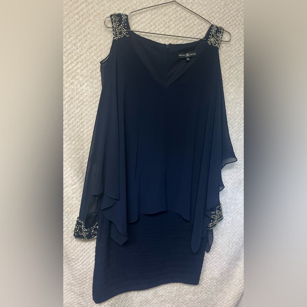 Betsy & Adam Navy Blue Cold Shoulder Popover Dress Embellished Cuffs Size 10 - Picture 2 of 12